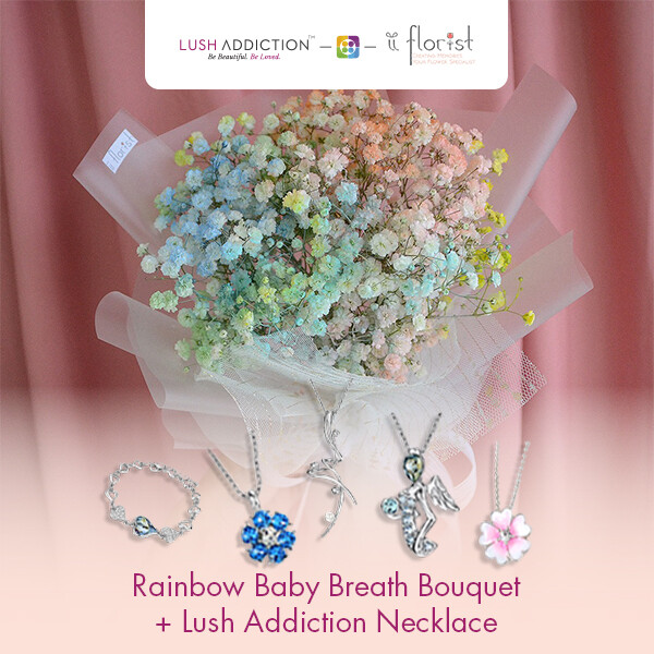 Rainbow Baby Breath Bouquet + Lush Addiction Necklace (By: iiFlorist from Cheras)