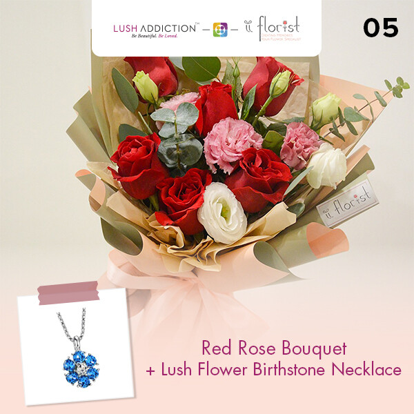 Red Rose Bouquet + Lush Addiction Necklace (By: iiFlorist from Cheras)