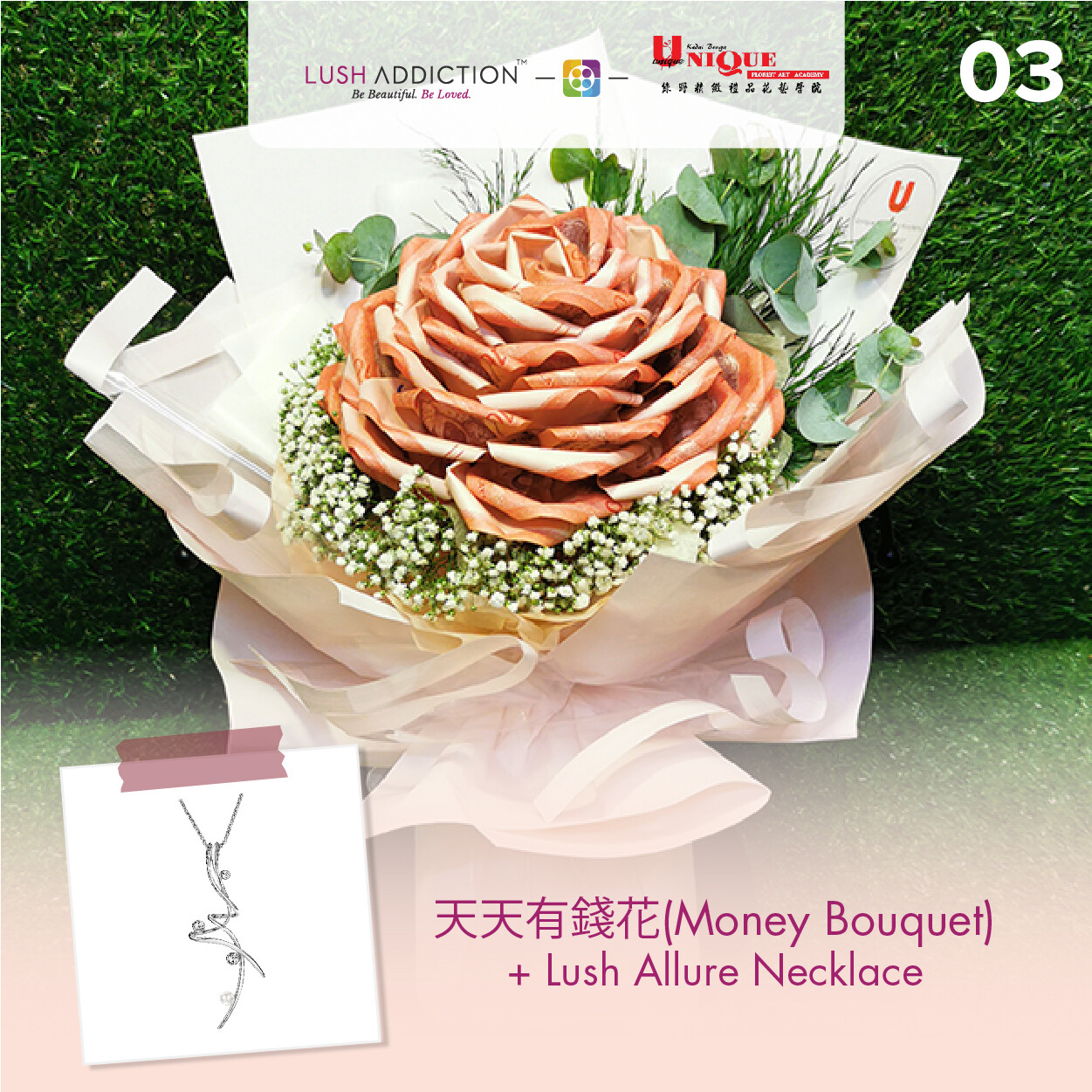 Money Bouquet + Lush Addiction Necklace (By: Unique Florist From Penang)