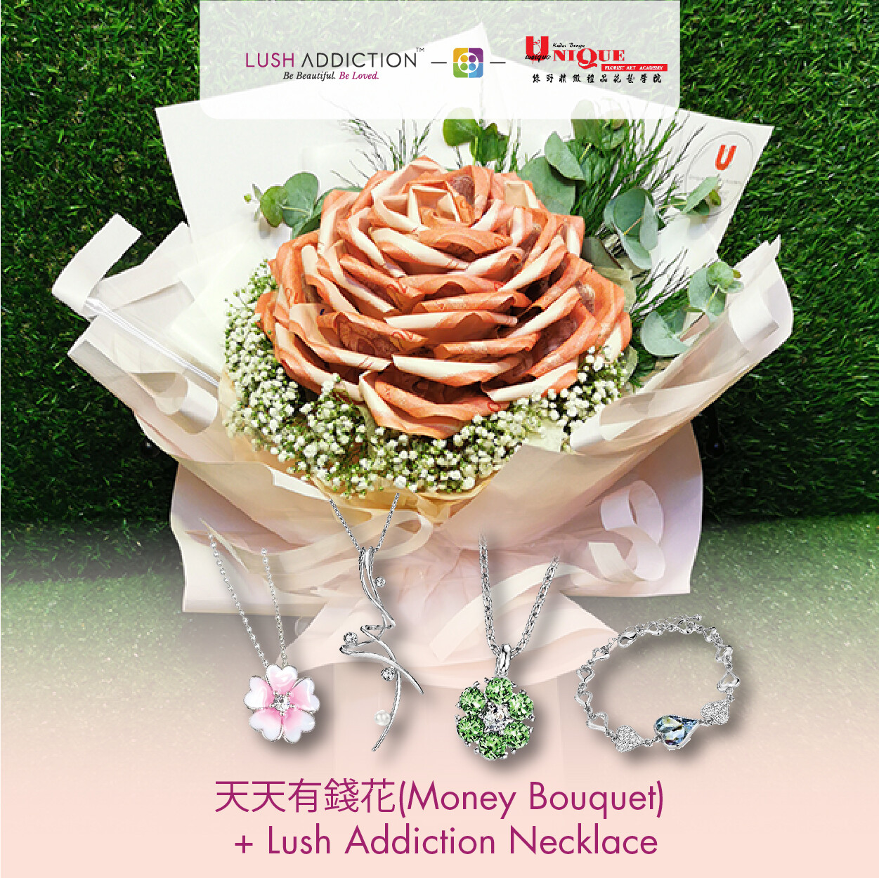 Money Bouquet + Lush Addiction Necklace (By: Unique Florist From Penang)