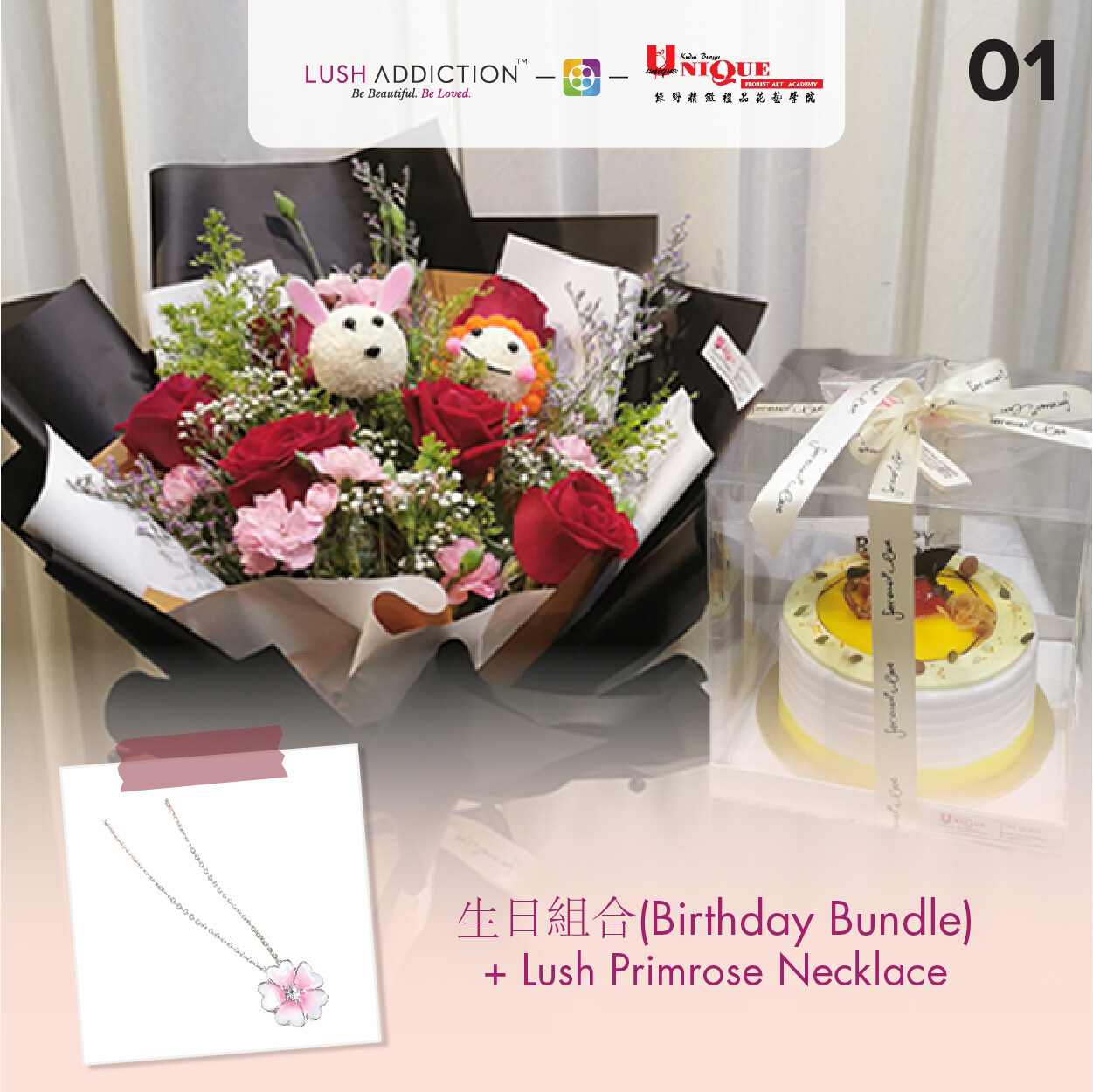 Birthday Bundle Bouquet + Lush Addiction Necklace (By: Unique Florist From Penang)