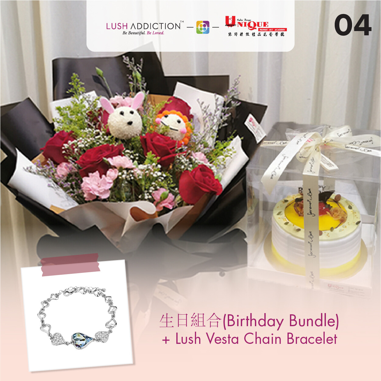 Birthday Bundle Bouquet + Lush Addiction Necklace (By: Unique Florist From Penang)