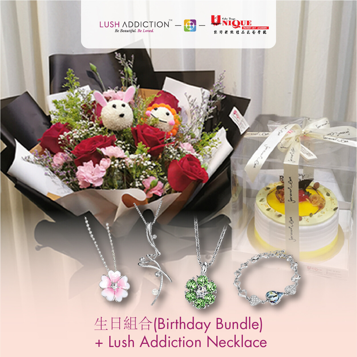 Birthday Bundle Bouquet + Lush Addiction Necklace (By: Unique Florist From Penang)