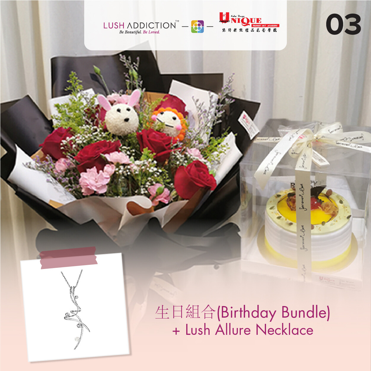 Birthday Bundle Bouquet + Lush Addiction Necklace (By: Unique Florist From Penang)