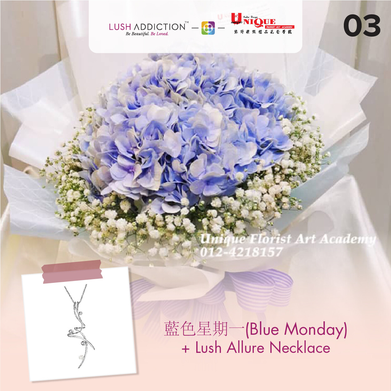 Blue Monday Bouquet+ Lush Addiction Necklace (By: Unique Florist From Penang)