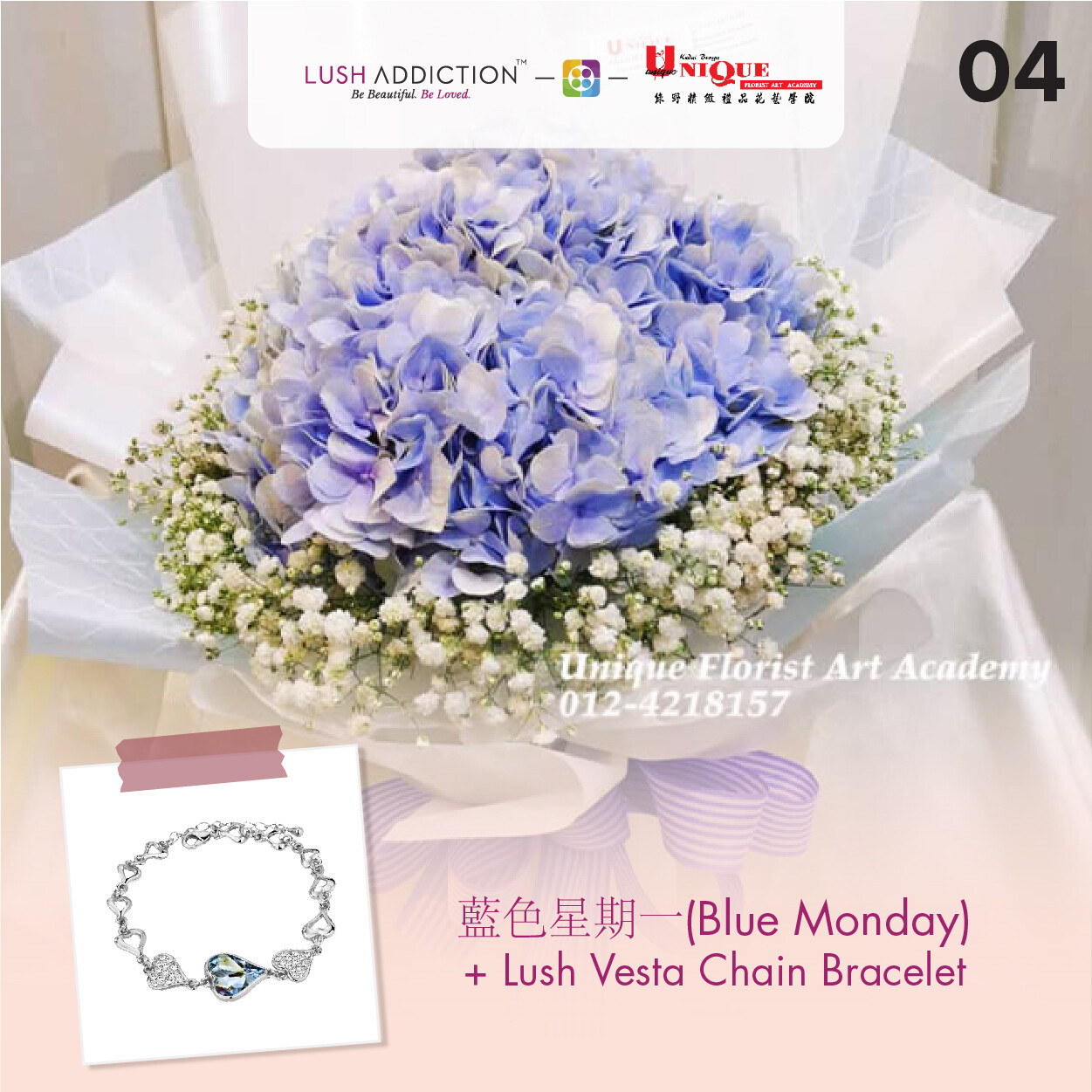 Blue Monday Bouquet+ Lush Addiction Necklace (By: Unique Florist From Penang)