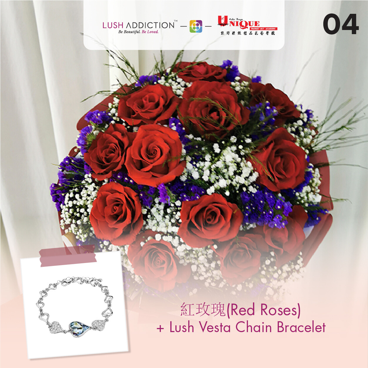 Red Roses Bouquet + Lush Addiction Necklace (By: Unique Florist From Penang)
