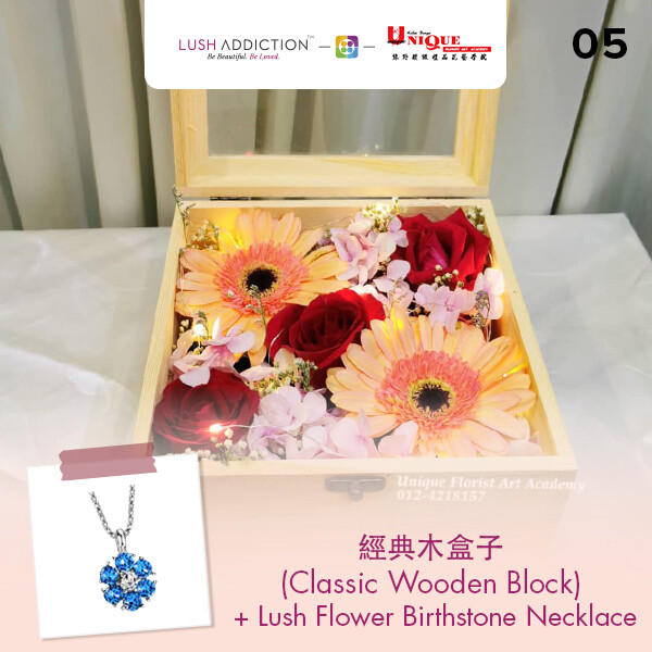 Classic Wooden Box + Lush Addiction Necklace (By: Unique Florist From Penang)