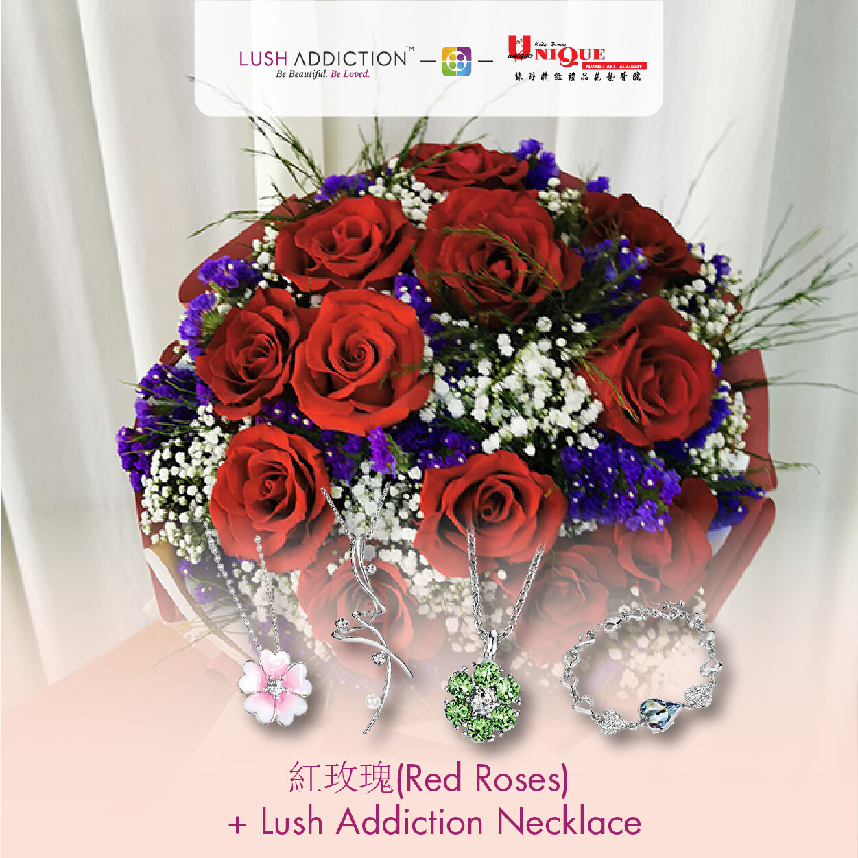 Red Roses Bouquet + Lush Addiction Necklace (By: Unique Florist From Penang)