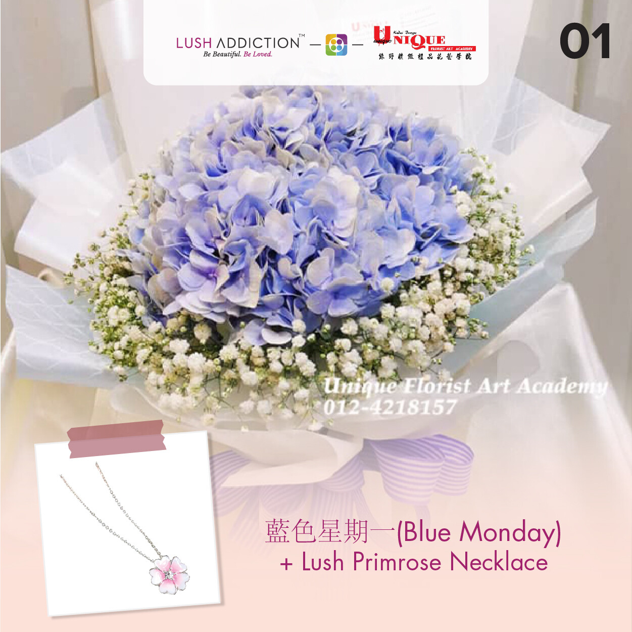 Blue Monday Bouquet+ Lush Addiction Necklace (By: Unique Florist From Penang)