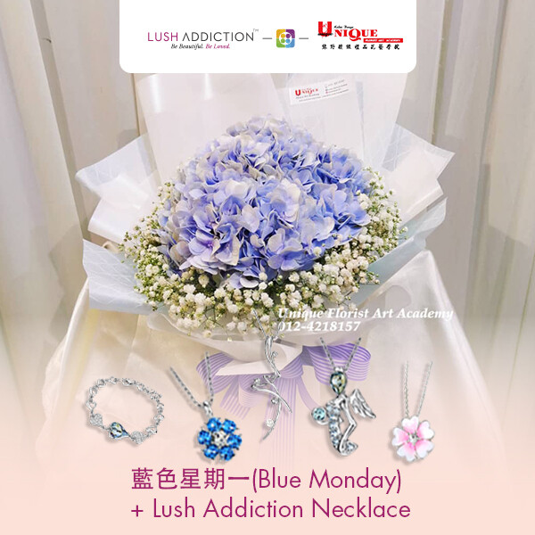 Blue Monday Bouquet+ Lush Addiction Necklace (By: Unique Florist From Penang)