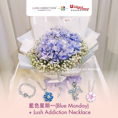 Blue Monday Bouquet+ Lush Addiction Necklace (By: Unique Florist From Penang)