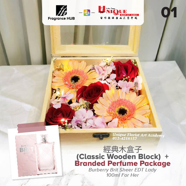 Classics Wooden Box  + Fragrance Hub Branded Perfume (By: Unique Florist from Penang)