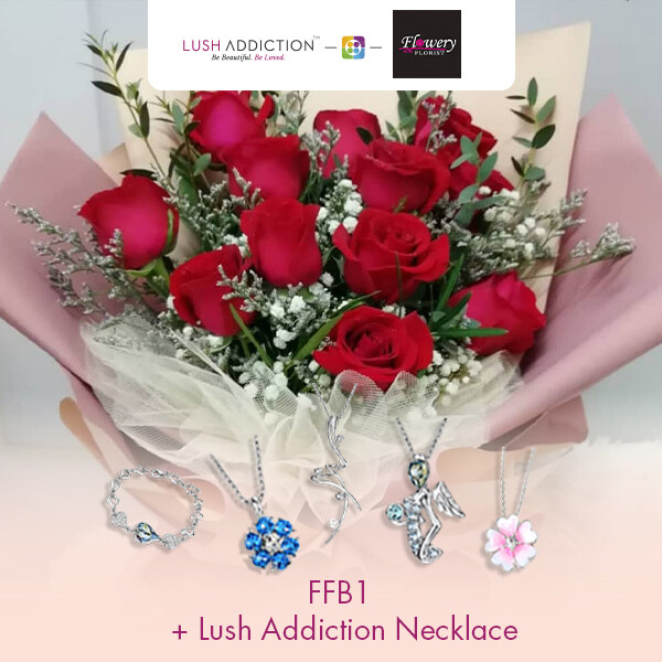 FFB1 Bouquet + Lush Addiction Necklace (By: Flowery Florist from Seri Kembangan)