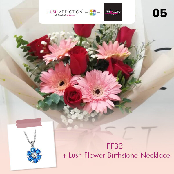 FFB3 Bouquet + Lush Addiction Necklace (By: Flowery Florist from Seri Kembangan)