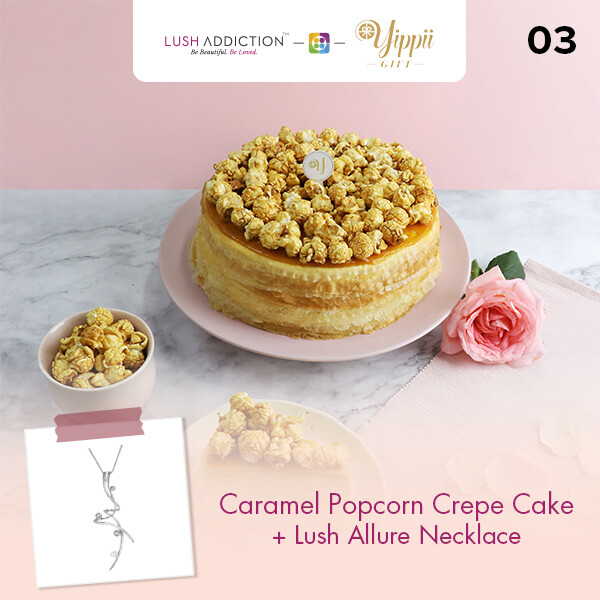 Salted Caramel Popcorn Mille Crepe Cake + Lush Addiction Necklace (By: Yippii Gift Cake from Kuala Lumpur)