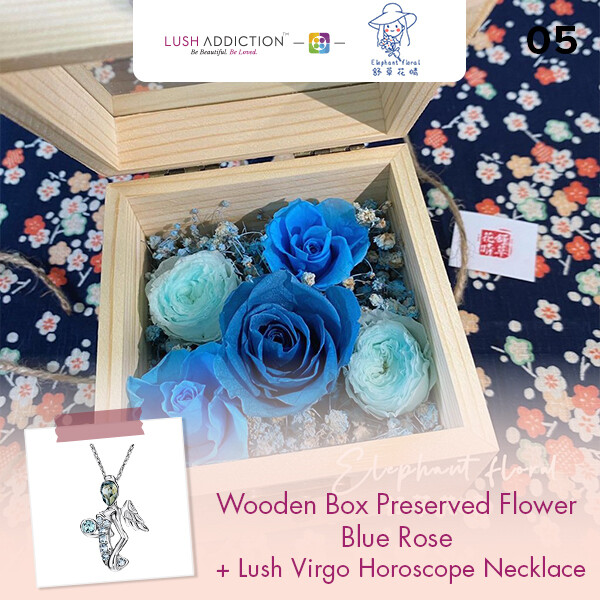 Wooden Box Preserved Flower Blue Rose+ Lush Addiction Necklace (By: Elephant Floral from Muar)
