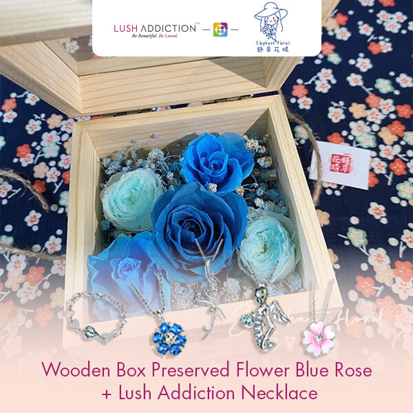 Wooden Box Preserved Flower Blue Rose+ Lush Addiction Necklace (By: Elephant Floral from Muar)