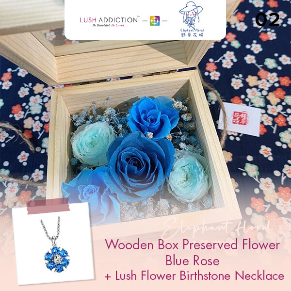 Wooden Box Preserved Flower Blue Rose+ Lush Addiction Necklace (By: Elephant Floral from Muar)