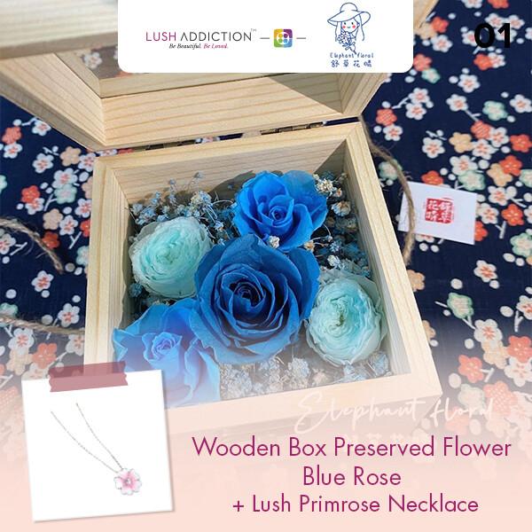 Wooden Box Preserved Flower Blue Rose+ Lush Addiction Necklace (By: Elephant Floral from Muar)