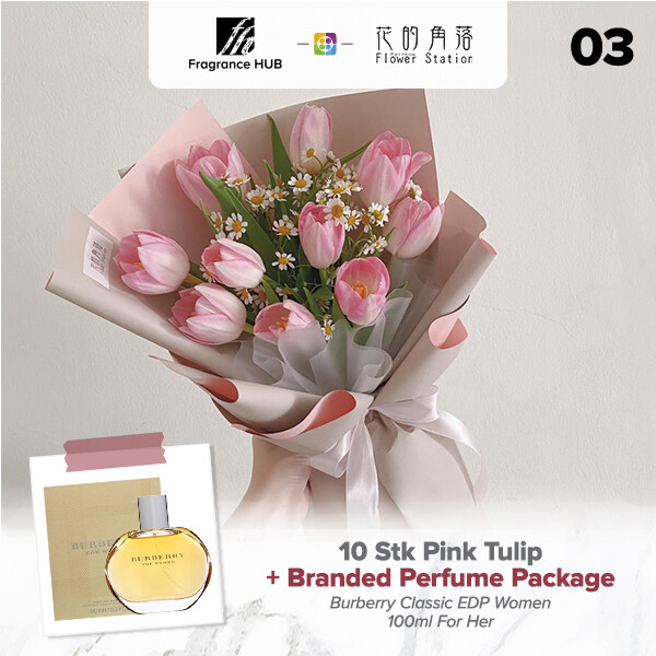 10 Stk Pink Tulip + Fragrance Hub Branded Perfume (By: Rainbow Flower Station from Cheras)