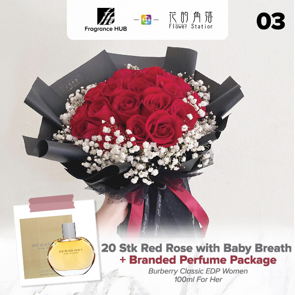 20 Stk Red Rose With Baby Breath + Fragrance Hub Branded Perfume (By: Rainbow Flower Station from Cheras)