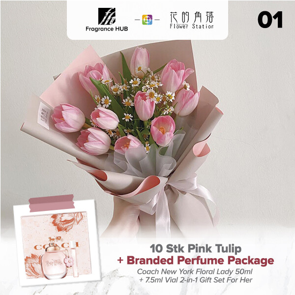 10 Stk Pink Tulip + Fragrance Hub Branded Perfume (By: Rainbow Flower Station from Cheras)