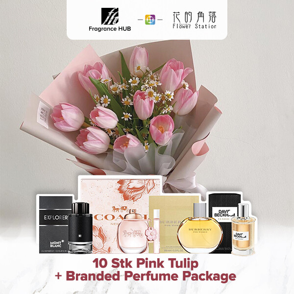 10 Stk Pink Tulip + Fragrance Hub Branded Perfume (By: Rainbow Flower Station from Cheras)