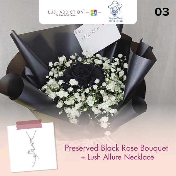 Preserved Black Rose Bouquet + Lush Addiction Necklace (By: Elephant Floral from Muar)