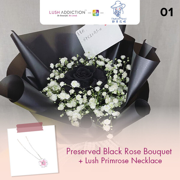 Preserved Black Rose Bouquet + Lush Addiction Necklace (By: Elephant Floral from Muar)
