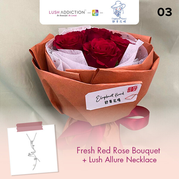 Fresh Red Rose Bouquet + Lush Addiction Necklace (By: Elephant Floral from Muar)