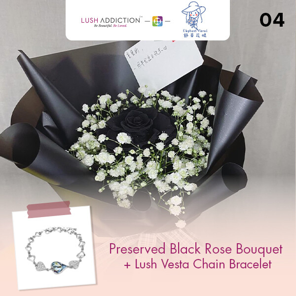 Preserved Black Rose Bouquet + Lush Addiction Necklace (By: Elephant Floral from Muar)
