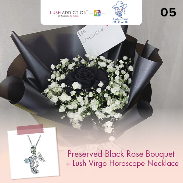 Preserved Black Rose Bouquet + Lush Addiction Necklace (By: Elephant Floral from Muar)