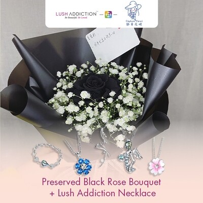 Preserved Black Rose Bouquet + Lush Addiction Necklace (By: Elephant Floral from Muar)