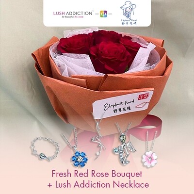 Fresh Red Rose Bouquet + Lush Addiction Necklace (By: Elephant Floral from Muar)