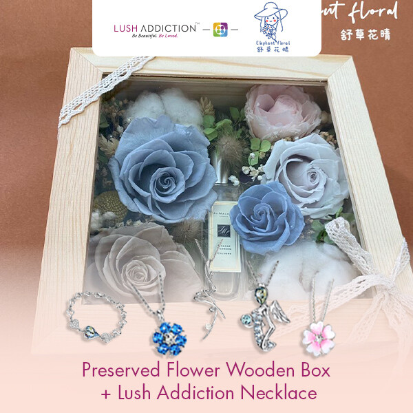 Preserved Flower Wooden Box + Lush Addiction Necklace (By: Elephant Floral from Muar)