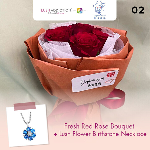 Fresh Red Rose Bouquet + Lush Addiction Necklace (By: Elephant Floral from Muar)
