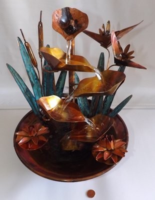 Bird of Paradise Flowers, Water Lilies, Cattails Copper Water Table Fountain (available/created by order, please see details for shipping/inventory)