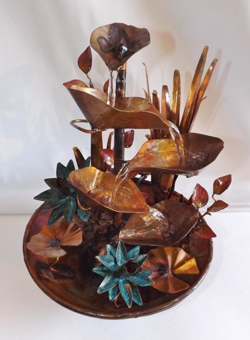Copper Blue Lotus Flowers, Small Size Water Fountain with Textured/Hammered Surface (available by order and not in-stock, please see details for shipping/inventory)