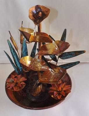 Copper Water Fountain with Fern and Cattails, Waterlily Flowers, Small Copper Table Fountain (available/created by order, please see details for shipping/inventory) Copper Water Fountain with Fern and Cattails, Waterlily Flowers, Small Copper Table Fountain (available/created by order, please see details for shipping/inventory)