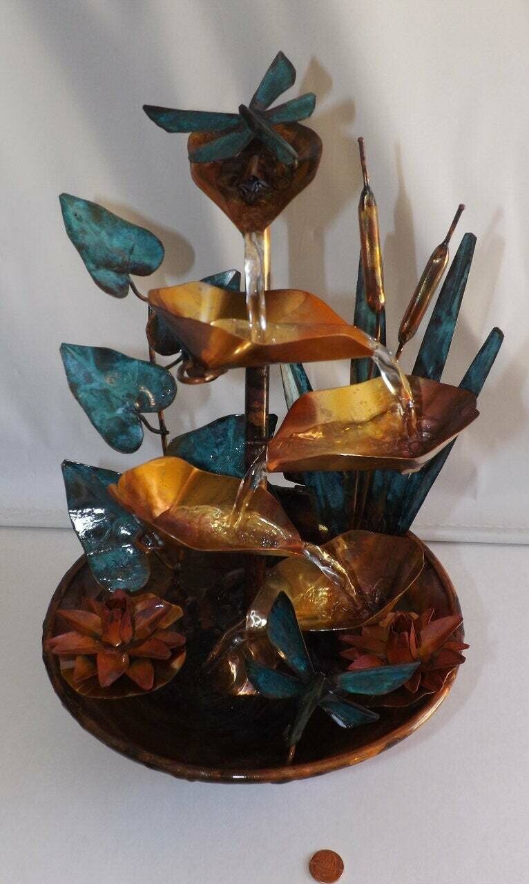 Cattails, Water Lily Flowers, Leaf Vine and Dragonflies, Copper Water Fountain, small size (available by order, please see details for shipping/inventory)