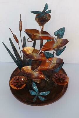 Copper Fountain w/ Dragonflies, Cattails, Leaves, and Water Lilies, medium size table fountain (available/created by order, please see details for shipping/inventory)