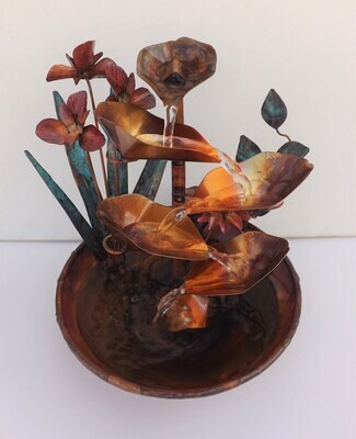 Copper Fountain Iris Flowers, Leaves and Water Lily, Tabletop Extra Small Size (Available/Created by order, please see item details for shipping/inventory)