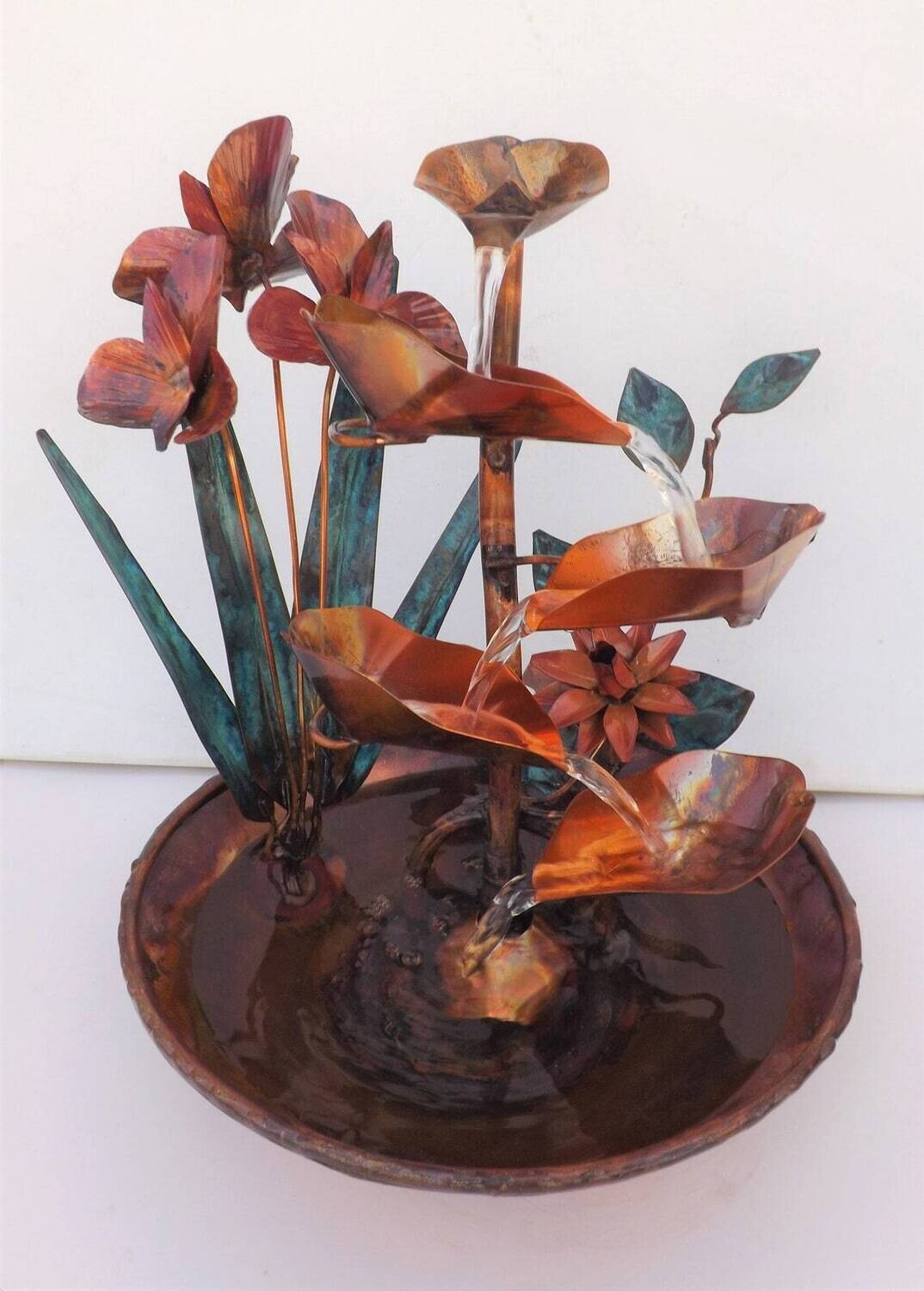 Iris Flowers, Water Lily and Vine Leaves Copper Water Table Fountain (available by order and not in-stock, please see details for shipping/inventory)