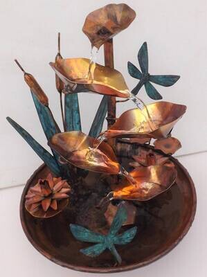 Copper Water Fountain, Dragonflies, Cattails, Water Lilies, tabletop, small size (available/created by order, please see details for shipping/inventory)