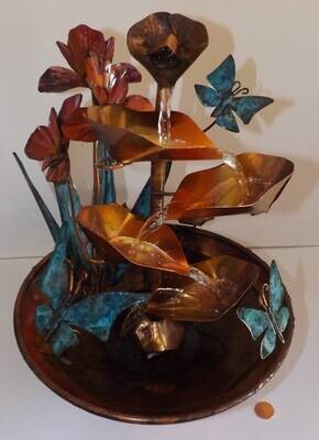 Butterflies and Iris Flowers, Copper Water Table Fountain, small size (available by order, please see details for shipping/inventory)