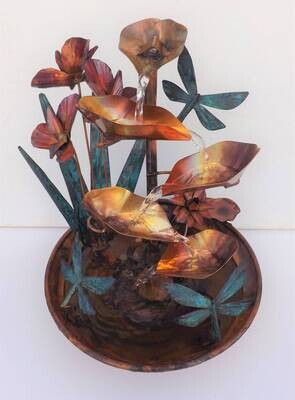 Copper Fountain, 3 Large Sized Dragonflies & Iris Flowers, Tabletop (available/created by order, please see details for shipping/inventory) Copper Fountain, 3 Large Sized Dragonflies & Iris Flowers, Tabletop (available/created by order, please see details for shipping/inventory)