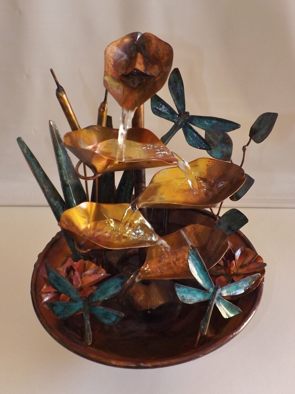 3 Large Dragonflies, Cattails, Leaves, Copper Water Small Table Fountain (available by order, please see details for shipping/inventory)