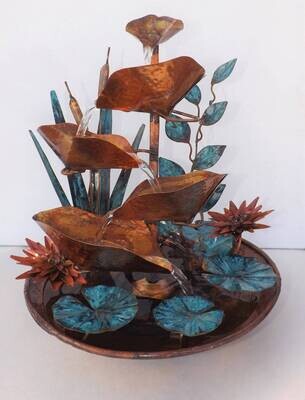Red Lotus, Cattails, and Leaf Vine w/ Hammered Texture Copper Water Fountain (available/created by order, please see details for shipping/inventory)