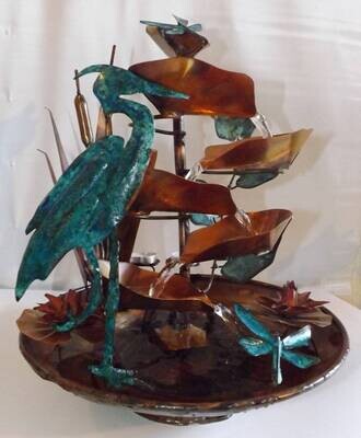 Copper Blue Heron w/ Cattails, Dragonflies, Water Lilies Table Fountain (available/created by order and not in-stock, please see details for shipping/inventory)